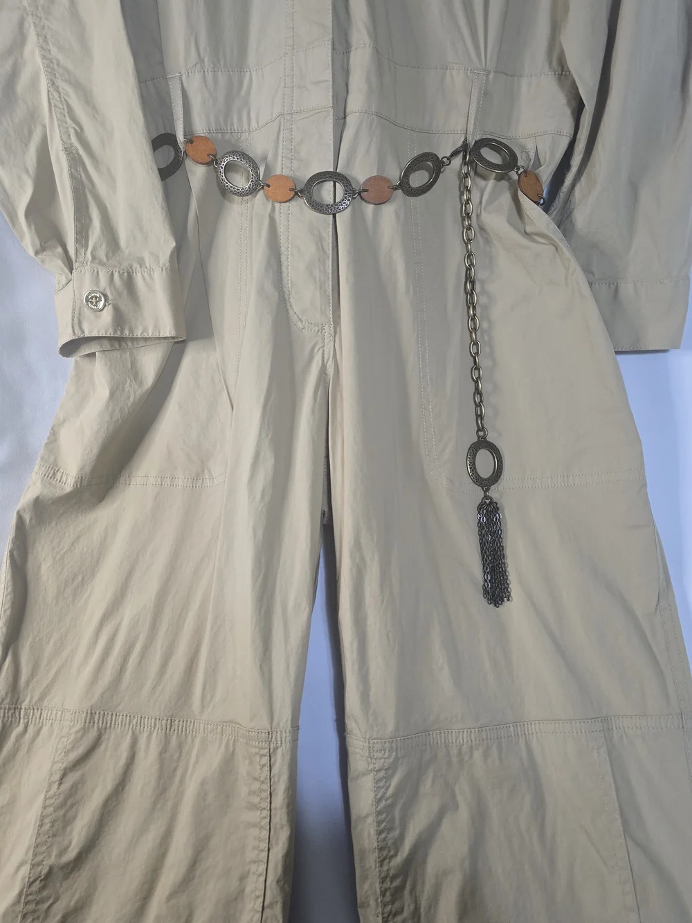 Michael Kors Tan Utility Jumpsuit with Chain-and-Wood Belt